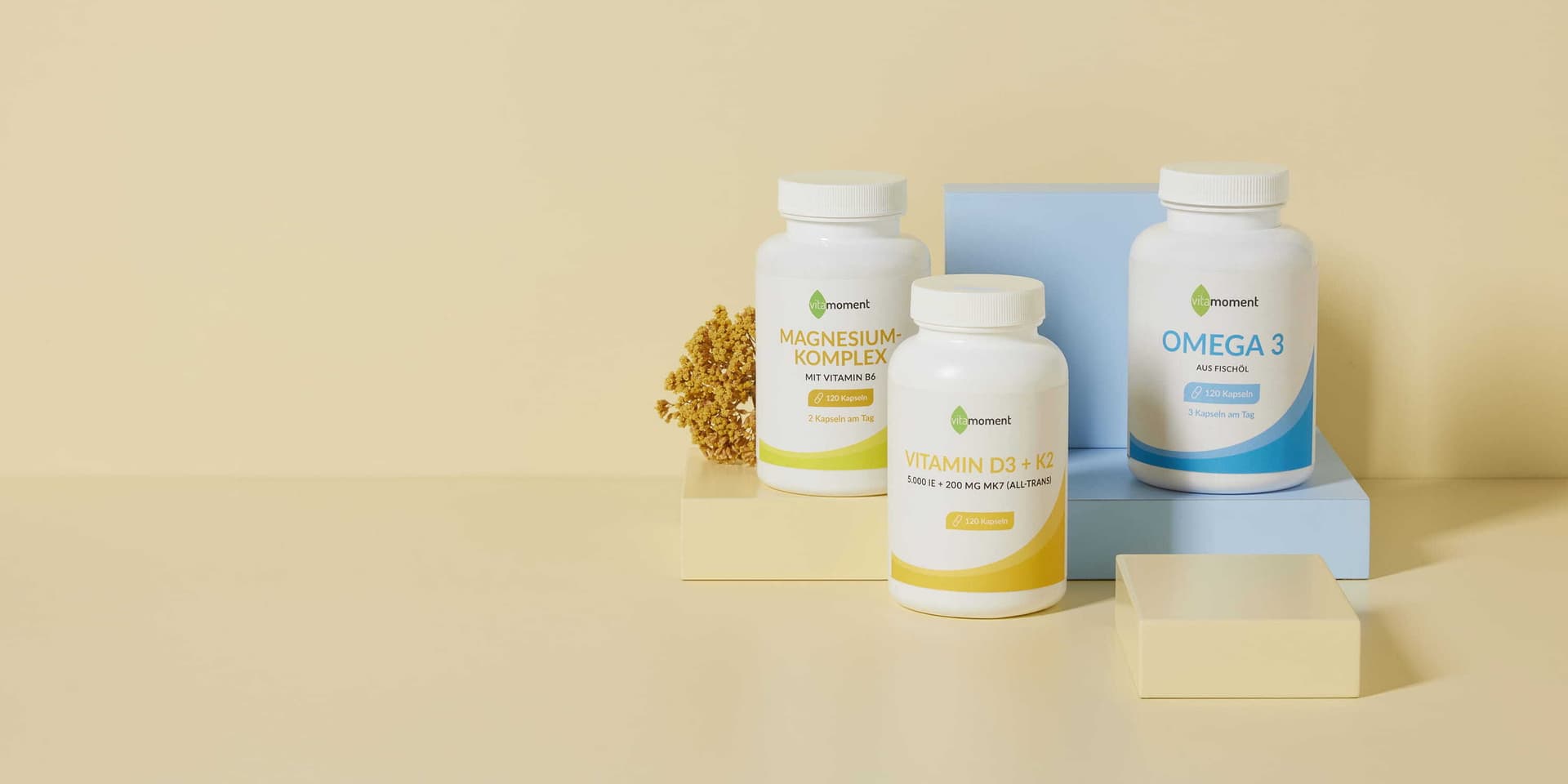 Das Sortiment von VitaMoment, u. a. Magnesium-Komplex, Vitamin D3 + K2 und Omega 3